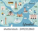 Hand drawn illustrated map of Istanbul with famous places such as Hagia Sophia, Blue Mosque, Galata Tower, Bosphorus Bridge and others.