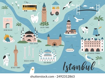 Hand drawn illustrated map of Istanbul with famous places such as Hagia Sophia, Blue Mosque, Galata Tower, Bosphorus Bridge and others.