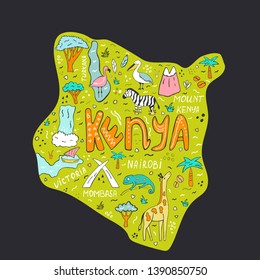 Hand drawn illustrated map of Kenya with landmarks, animals and lettering text. For tourist guides, prints, souvenirs, posters, banners