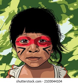 Hand drawn illustrated portrait of an indigenous little girl in the forest.