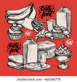 Hand Drawn Illustrated. Retro vintage style food design. Hand-drawn elements for cooking, dessert meal, restaurant and tasty food. Vector illustration.
