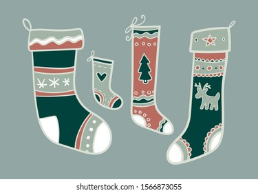 Hand drawn illustrated stocking set perfect for a Christmas design.