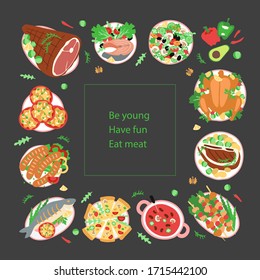 Hand drawn illustrated template. Appetizing detailed traced meat and vegetarian delicacies in a square. Great typography for poster, card or restaurant