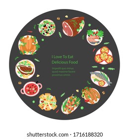 Hand drawn illustrated template. Appetizing detailed traced meat and vegetarian delicacies in a circle. Great typography for poster, card or restaurant