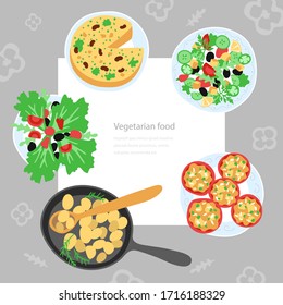 Hand drawn illustrated template. Appetizing detailed vegetarian delicacies, vegetables in a square. Great for banner, poster, card or restaurant