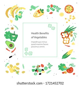 Hand drawn illustrated template. Appetizing detailed vegetarian delicacies, fruits and vegetables in a square. Great for poster, card or restaurant