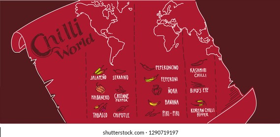 Hand drawn illustrated world map of Chilli peppers origins