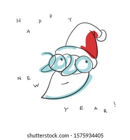 Hand Drawn illustration of 2020 Happy New Year. Stylized as Santa Claus image, cute minimalistic doodle.