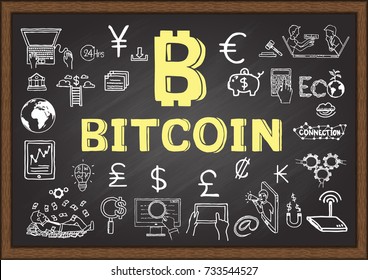 Hand drawn illustration about Bitcoin on chalkboard.