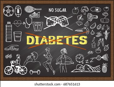 Hand drawn illustration about diabetes on chalkboard. Stock Vector