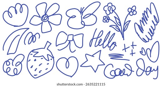 Hand drawn illustration of abstract doodle line art, organic doodle shape like butterfly, flower and strawberry with freehand kids style.