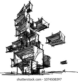 hand drawn illustration of abstract modern futuristic building or tower