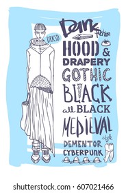 Hand drawn illustration actual girl. Doodle mainstream  set of cyberpunk, ninja style, dark fashion objects