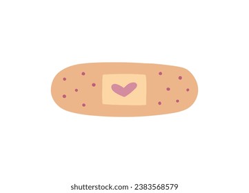 Ilustración dibujada a mano de yeso adhesivo con corazón. Ilustración coloreada con doodle aislada sobre fondo blanco.