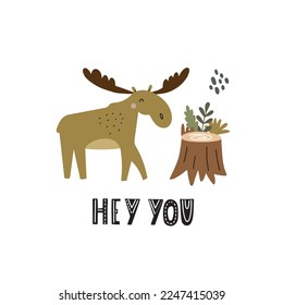 Hand drawn illustration with adorable moose. Cute forest character. Vector lovely elk in flat style isolated on white background. Cartoon woodland creature. Childish colorful illustration