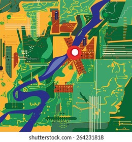 Hand drawn illustration of an aerial map, looks like an abstract computer board