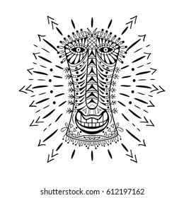 Hand drawn illustration with an african mask isolated on white. Design for print, label, poster, emblem, tattoo, coloring book page. Spirituality, occultism, mystic, religion, shamanism. 