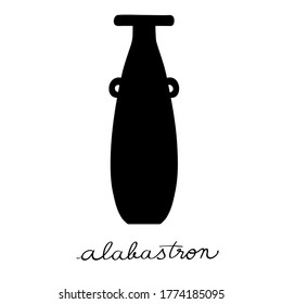 Hand drawn illustration of an alabastron, greek antique vessel silhouette isolated on white with text