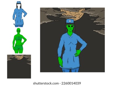 hand drawn illustration alien with nurse suit in the night