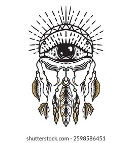 Hand drawn illustration of all seeing eye with ethnic feathers