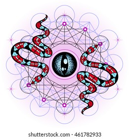 Hand drawn illustration with all seeing eye and snakes. Sacred geometry design for fashion, music album cover, print, poster, flyer, label. Occultism, alchemy, spirituality, astrology, shamanism.