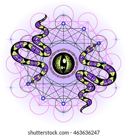 Hand drawn illustration with all seeing eye and snakes. Sacred geometry design for fashion, music album cover, print, poster, flyer, label. Occultism, alchemy, spiritualism, astrology.