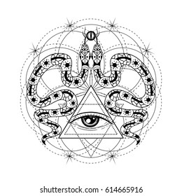 Hand drawn illustration with all seeing eye and snakes. Sacred geometry design for fashion, print, tattoo,  poster,  textile. Alchemy, spirituality, astrology, shamanism, religion, occultism.