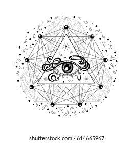 Hand drawn illustration with all seeing eye and sacred geometry. Design for fashion, tattoo, print, poster. Alchemy, spirituality, astrology, shamanism, religion, occultism.