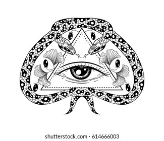 Hand drawn illustration with all seeing eye and snakes. Sacred geometry design for fashion, print, tattoo,  poster,  textile. Alchemy, spirituality, astrology, shamanism, religion, occultism.