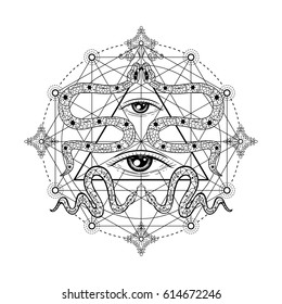 Hand drawn illustration with all seeing eye and snakes. Sacred geometry design for fashion, tattoo,  print, poster, label, textile. Alchemy, spirituality, astrology, shamanism, religion, occultism.