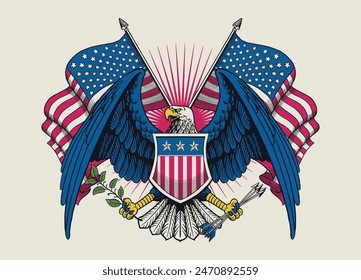 Handgezeichnete Illustration des amerikanischen Adlers mit Flagge und Schild