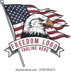 Hand Drawn Illustration of American Eagle with Shield and Ribbon