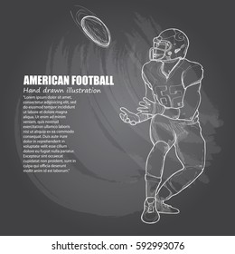 hand drawn illustration of american football player on chalkboard.