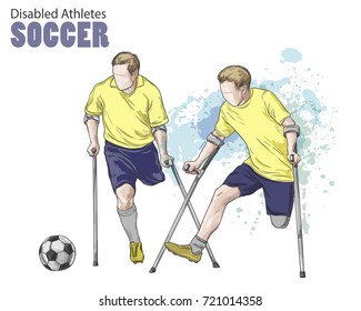Hand drawn illustration. Amputee Football players. Vector sketch sport. Graphic figure of disabled athletes on crutches with a ball. Active people. Recreation lifestyle. Man. Handicapped people. svg