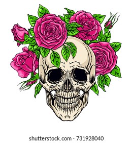 hand drawn illustration of anatomy human skull with a lower jaw and roses wreath