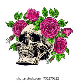 hand drawn illustration of anatomy human skull with a lower jaw and roses wreath 