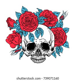 hand drawn illustration of anatomy human skull with a lower jaw and roses wreath