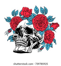 hand drawn illustration of anatomy human skull with a lower jaw and roses wreath