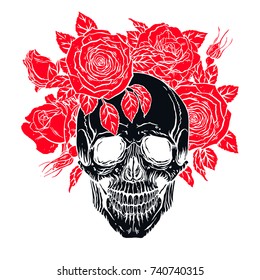 hand drawn illustration of anatomy human skull with a lower jaw and roses wreath