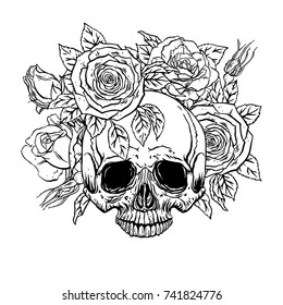 hand drawn illustration of anatomy human skull with a lower jaw and roses wreath