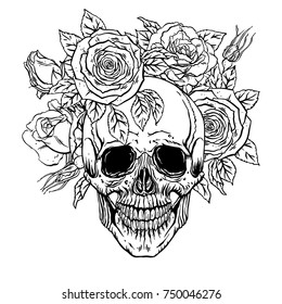 hand drawn illustration of anatomy human skull with a lower jaw and roses wreath
