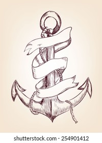 Hand drawn illustration of anchor and ribbon for your text. Vector eps10.