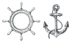 Hand Drawn Illustration Of An Anchor And A Steering Wheel