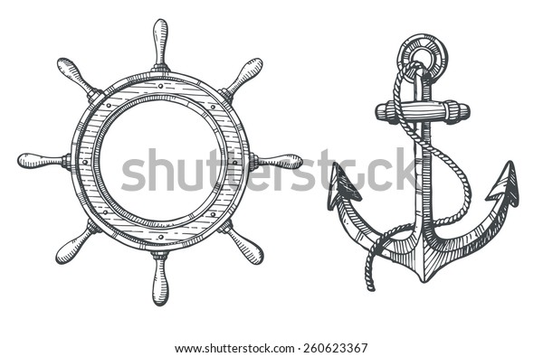 Hand\
drawn illustration of an anchor and a steering\
wheel