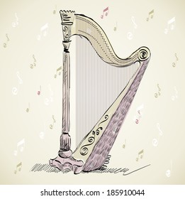 Hand drawn illustration of an ancient harp.