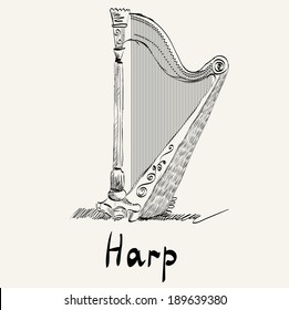 Hand drawn illustration of an ancient harp.