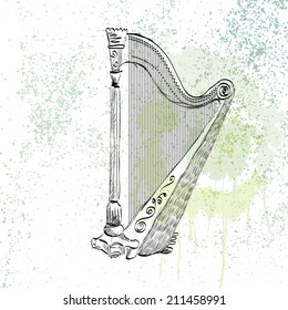 Hand drawn illustration of an ancient harp.