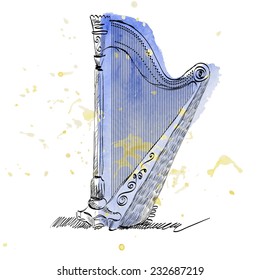 Hand drawn illustration of an ancient harp.