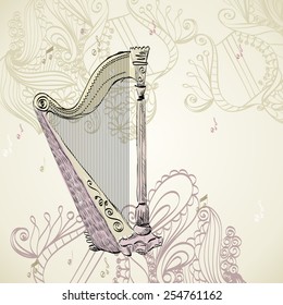 Hand drawn illustration of an ancient harp.