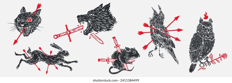 Hand drawn illustration animals and birds with red elements isolated white background. Owl, raven, car, wolf, rabbit, rat. Set silhouette character for tattoo, mascot. Vector art composition.